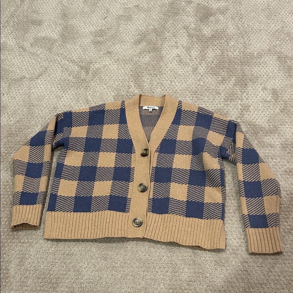Madewell Checkered Cardigan - Tan and Navy